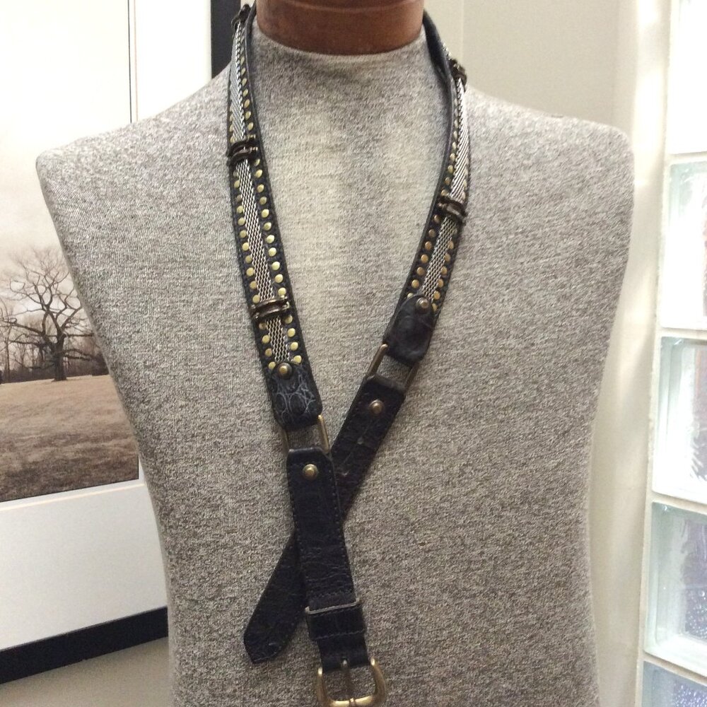 Vintage Designer NANNI Belt Italian Leather Silver Gold Black Metallic 44.75"L